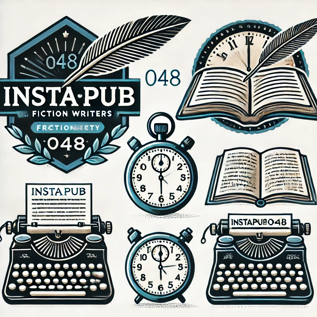 InstaPub048 visual collage with books, typewriters, clocks, and publishing imagery